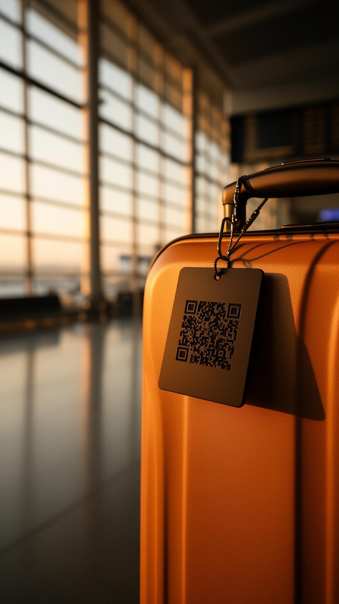 QTagBack smart QR luggage tag attached to a suitcase at the airport